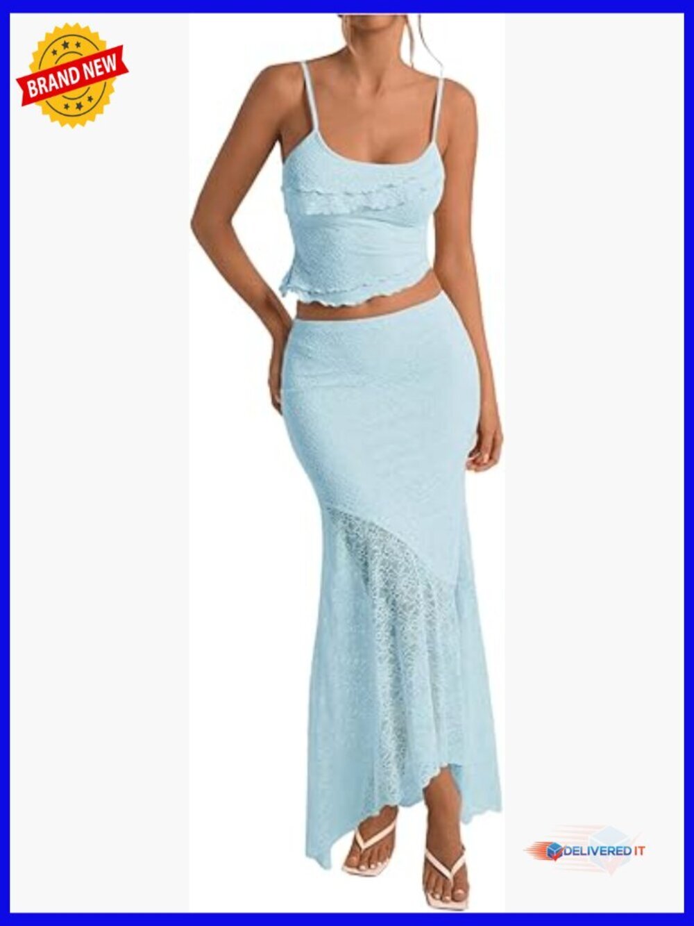 Women's 2 Piece Outfit Ruffle Camisole Crop Top and Low Rise Maxi Skirt Set
